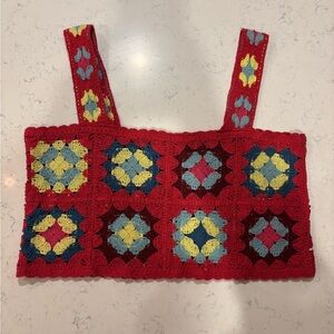 Granny Square Boho Festival Cropped Tank size XL Red Colorful by Witty Fox